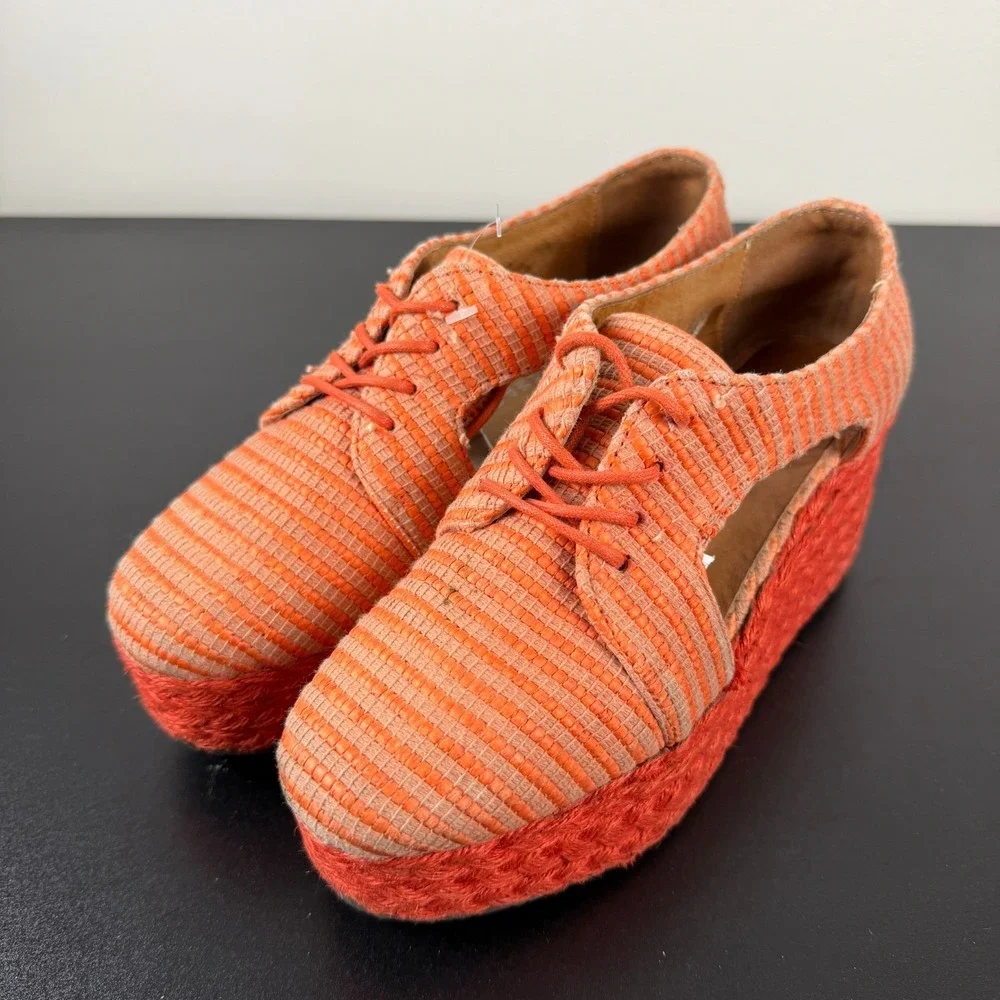 Jeffrey Campbell Tahiti Last Platform Espadrilles Womens 7 Orange Raffia Lace-Up